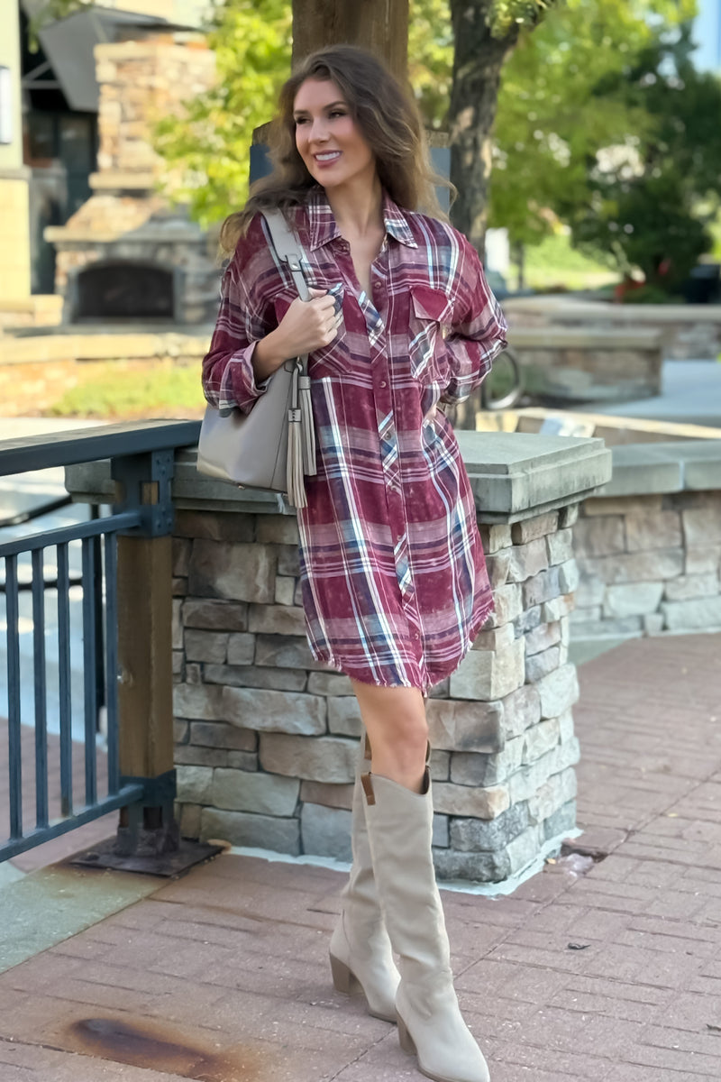 Samara Rolled Up Sleeve Washed Plaid Dress or Top : Merlot