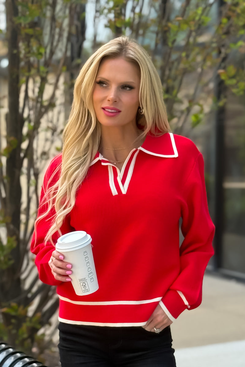 Paige Collared V neck Sweater : Red