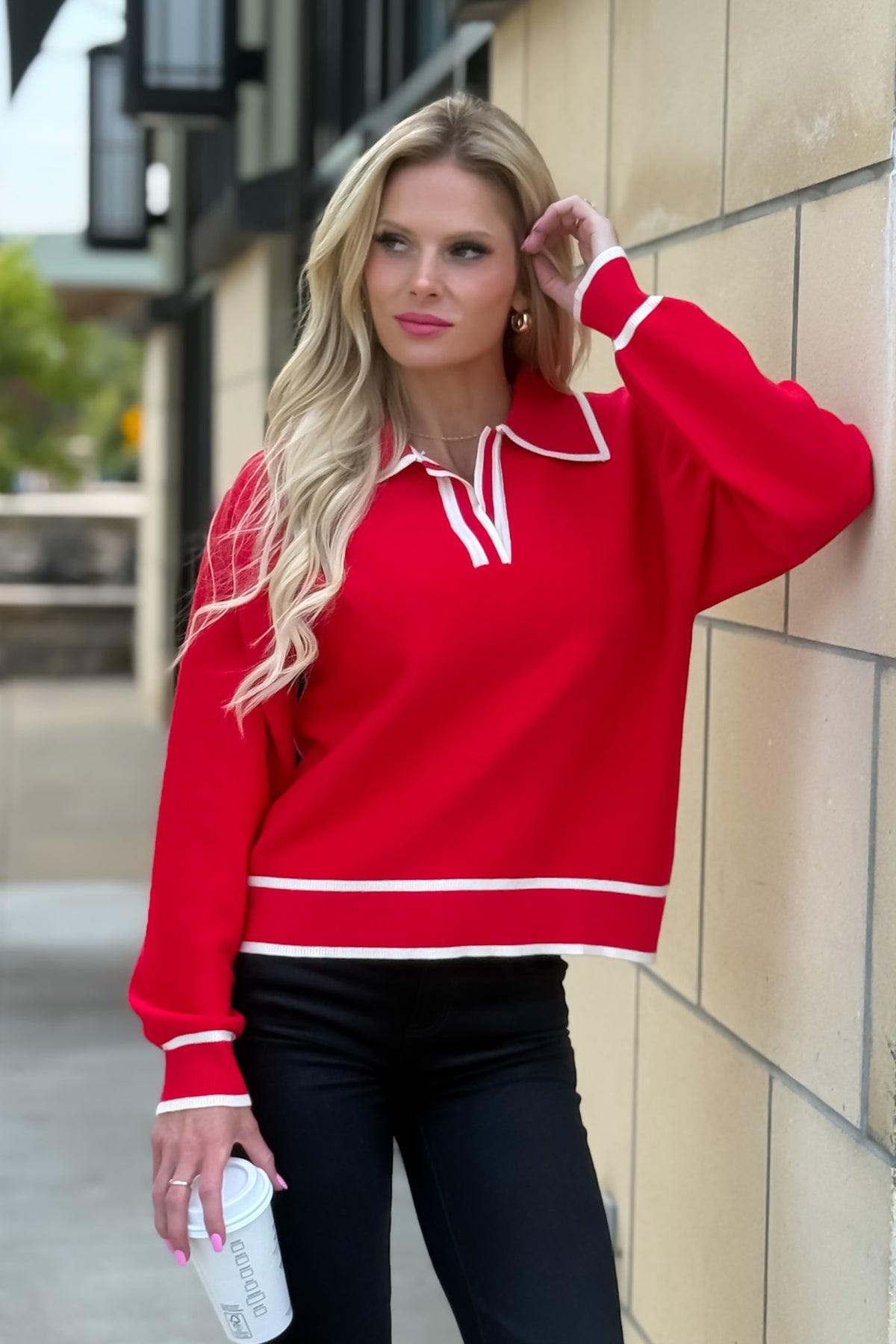 Paige Collared V neck Sweater : Red