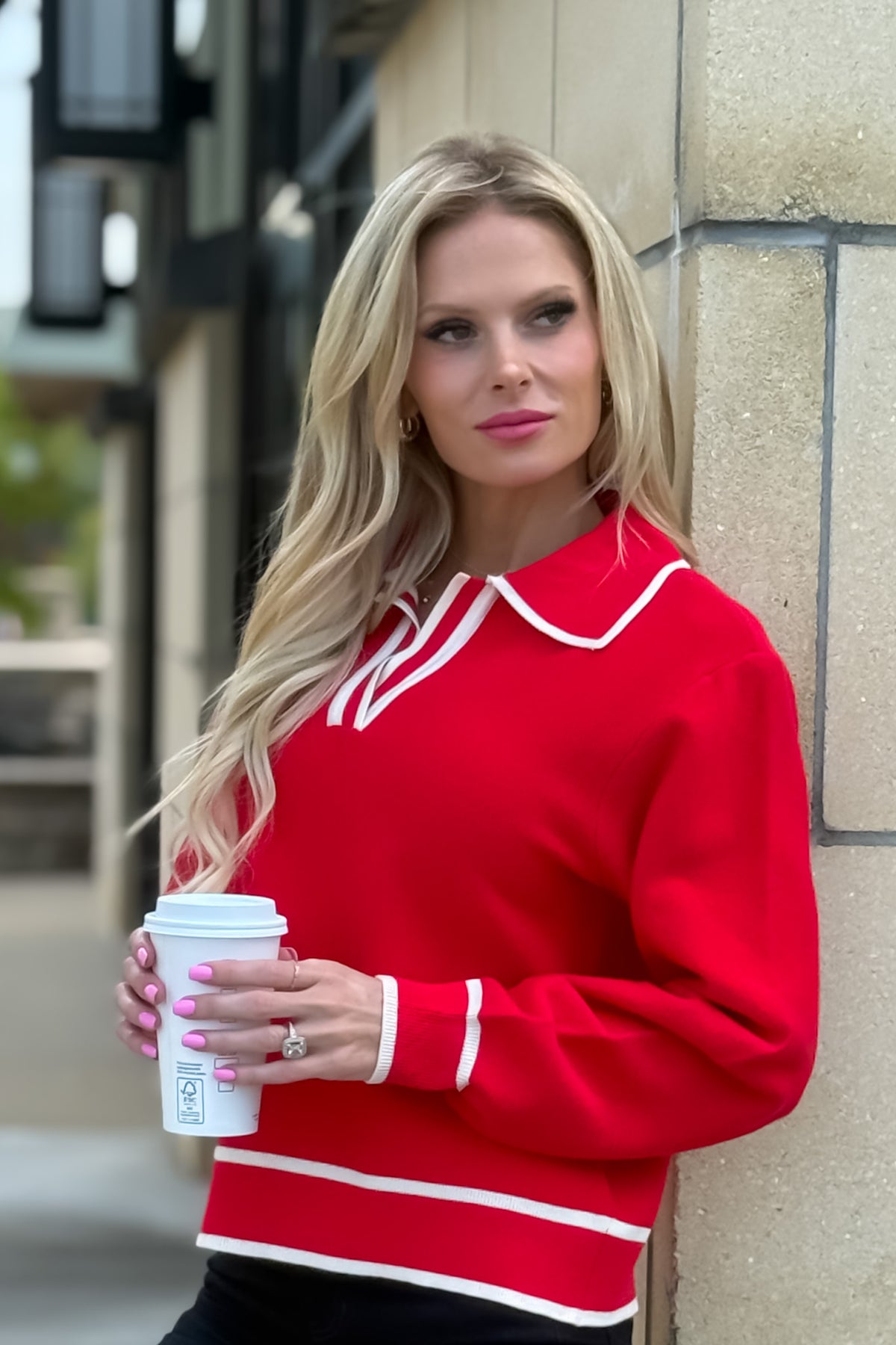 Paige Collared V neck Sweater : Red