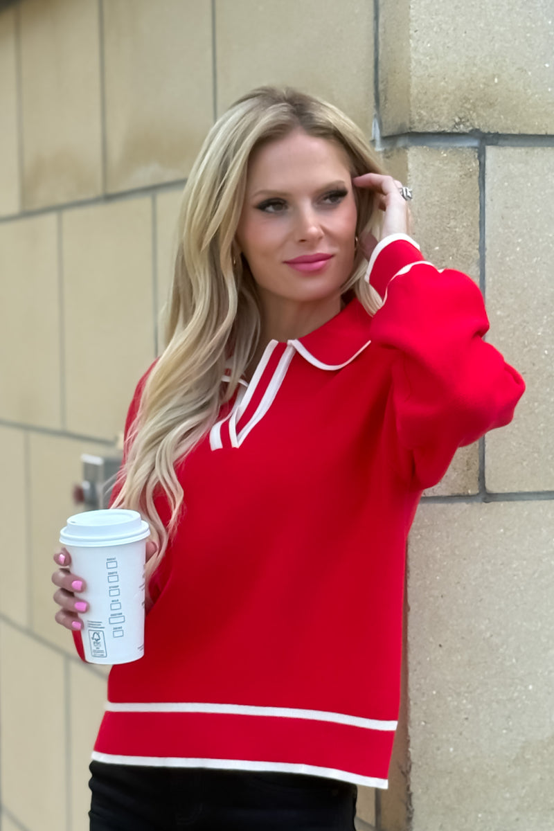 Paige Collared V neck Sweater : Red