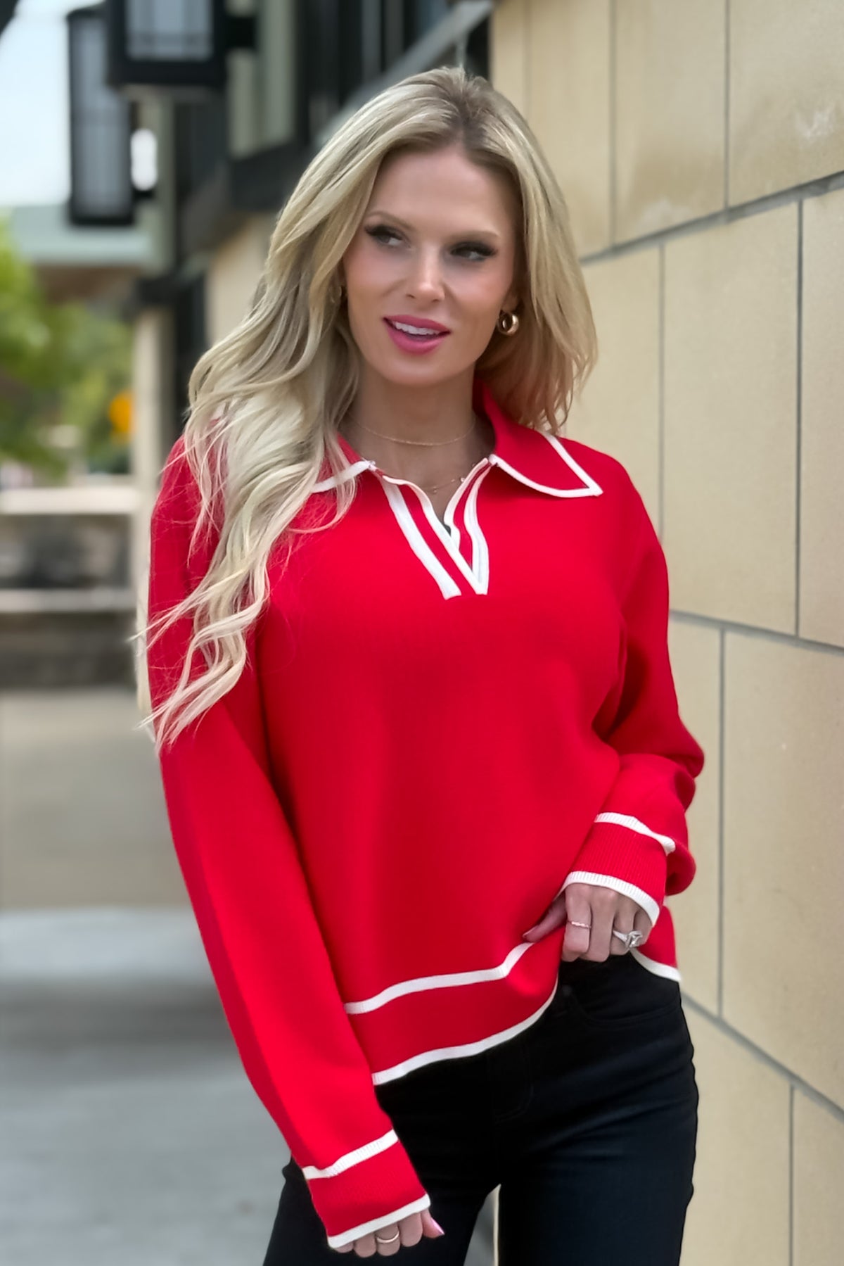 Paige Collared V neck Sweater : Red