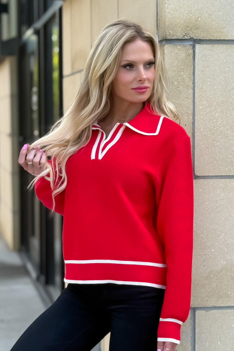 Paige Collared V neck Sweater : Red