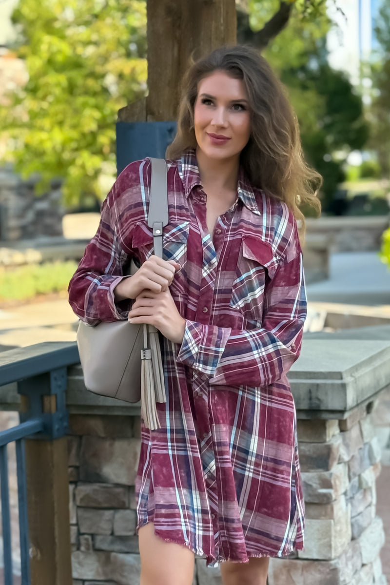 Samara Rolled Up Sleeve Washed Plaid Dress or Top : Merlot