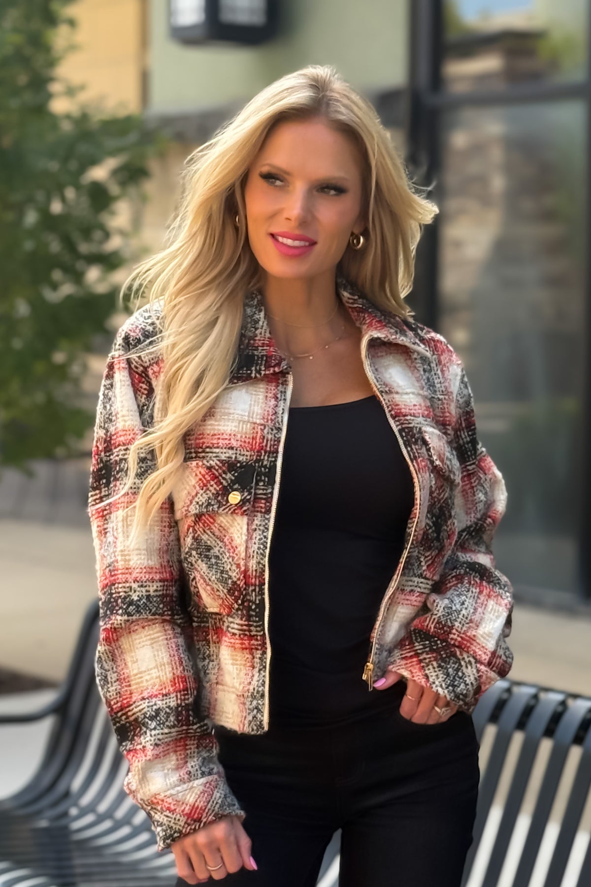 Remi Plaid Banded Bottom Jacket : Red