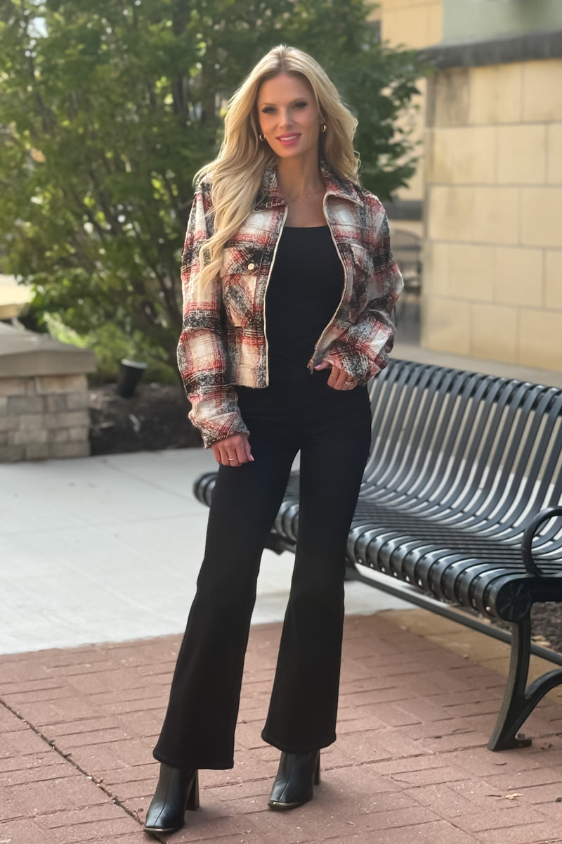 Remi Plaid Banded Bottom Jacket : Red