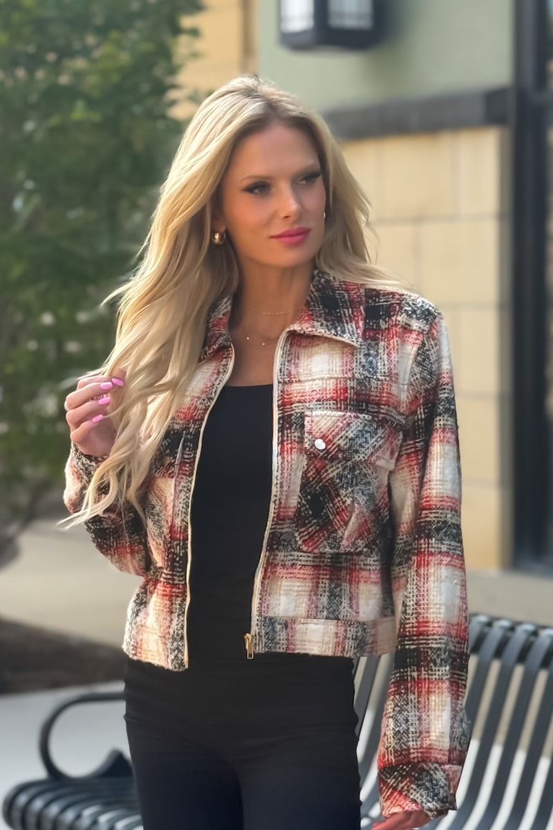 Remi Plaid Banded Bottom Jacket : Red
