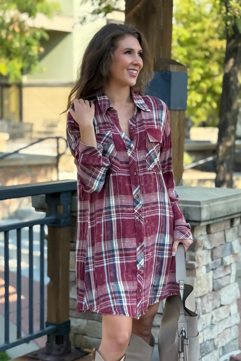 Samara Rolled Up Sleeve Washed Plaid Dress or Top : Merlot