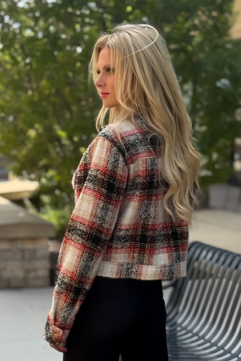 Remi Plaid Banded Bottom Jacket : Red
