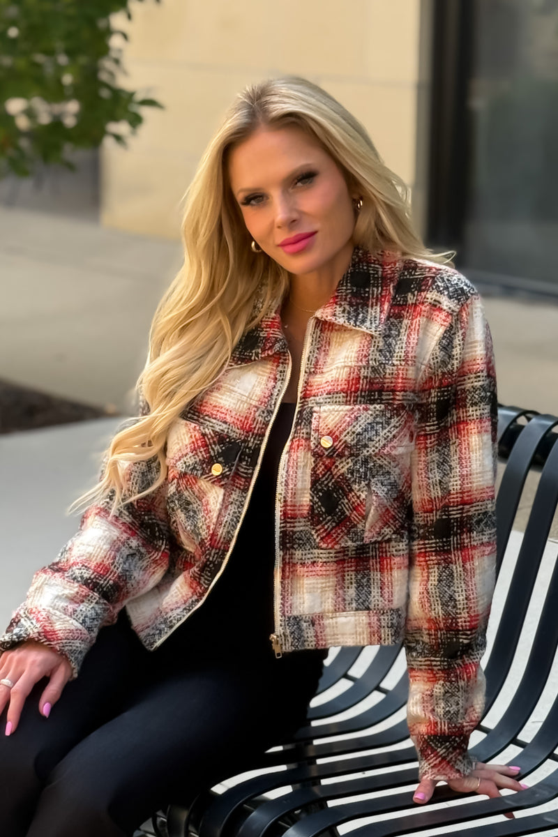 Remi Plaid Banded Bottom Jacket : Red