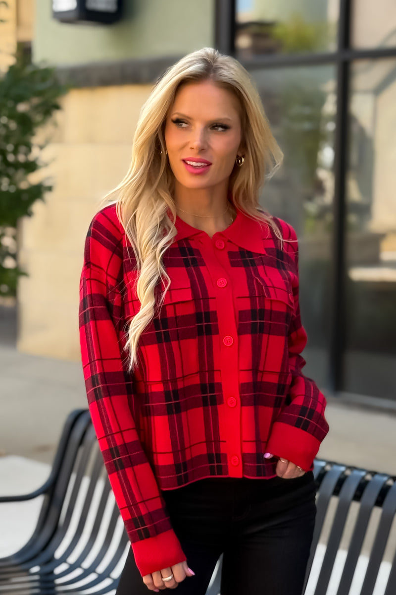 Sawyer Plaid Cardigan : Red