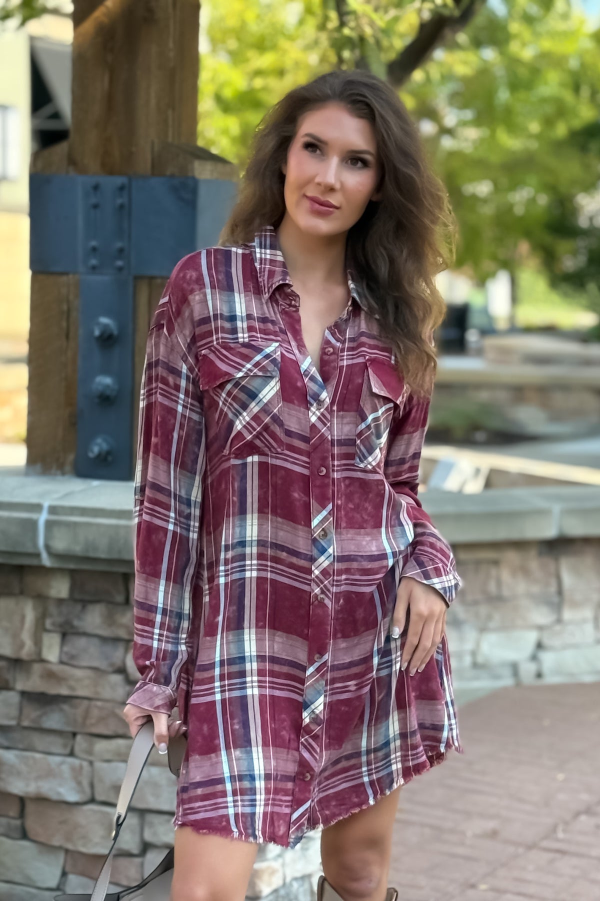 Samara Rolled Up Sleeve Washed Plaid Dress or Top : Merlot