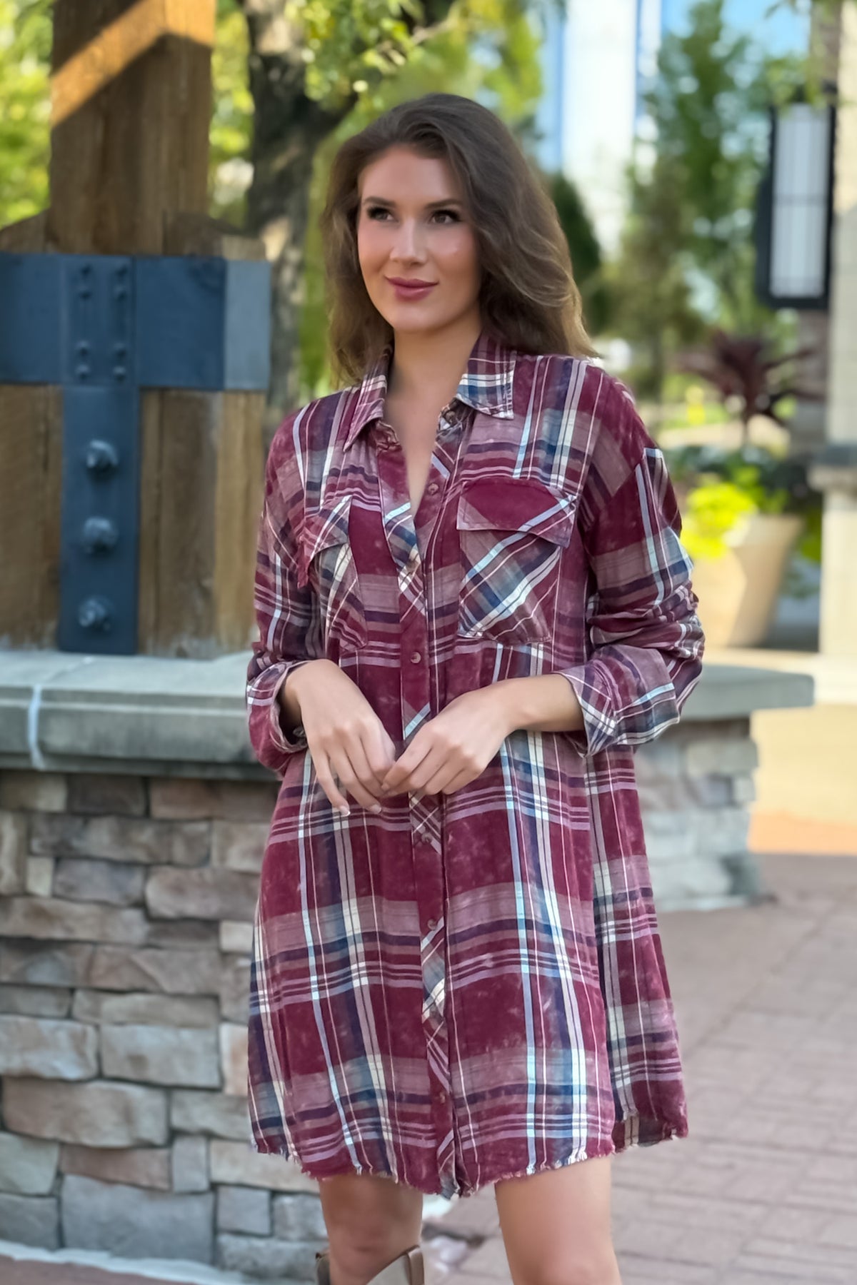 Samara Rolled Up Sleeve Washed Plaid Dress or Top : Merlot