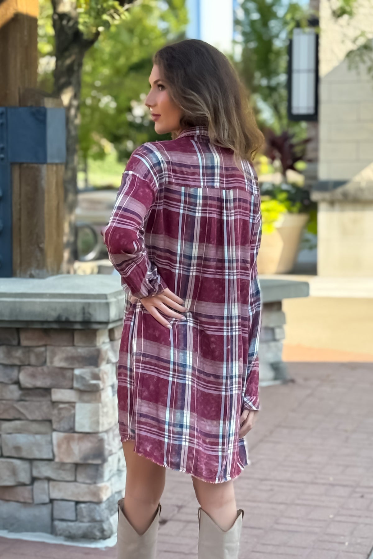 Samara Rolled Up Sleeve Washed Plaid Dress or Top : Merlot
