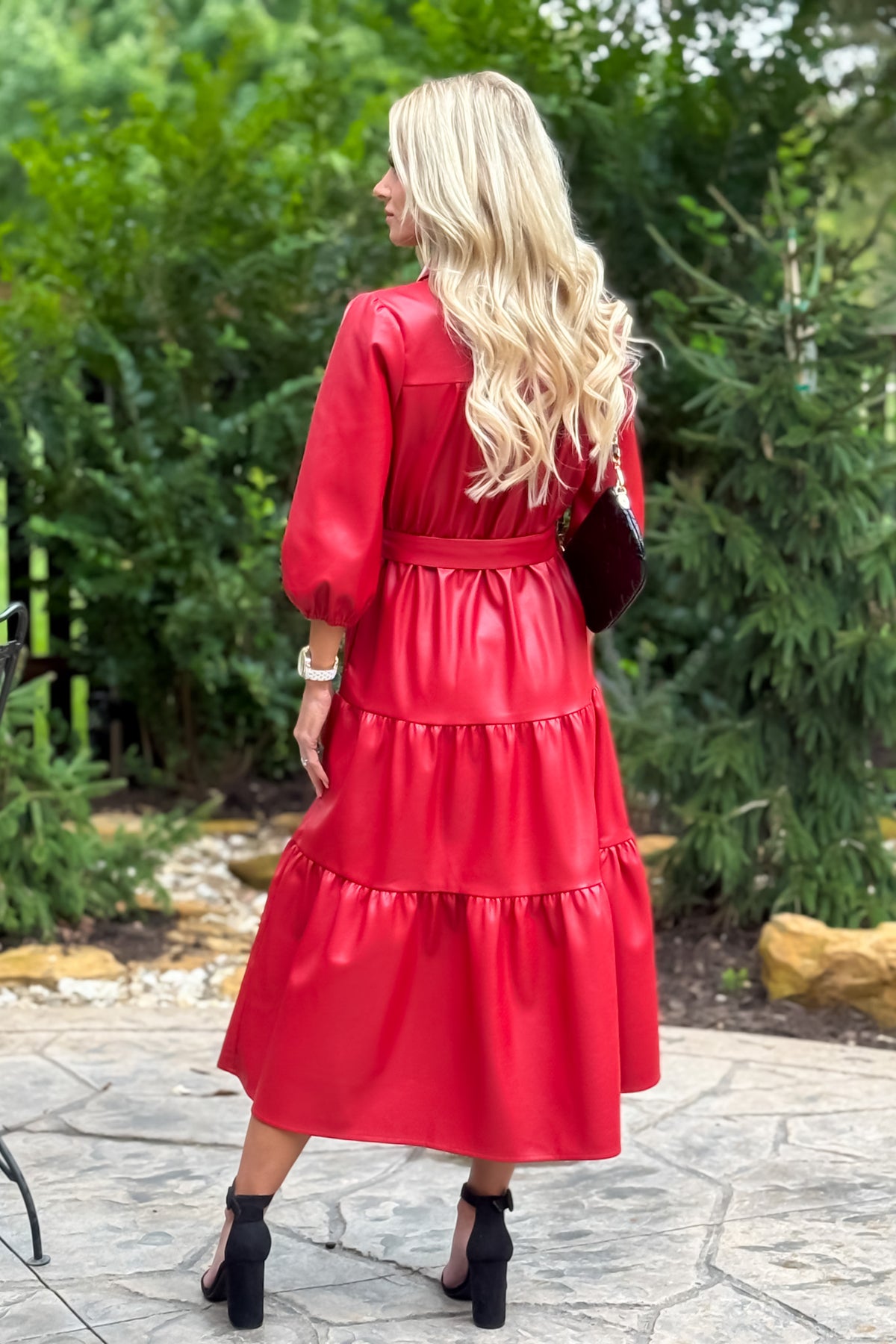 faux leather dress red Vestido Midi de Piel Sintetica Fall Leaves - Vino Tinto