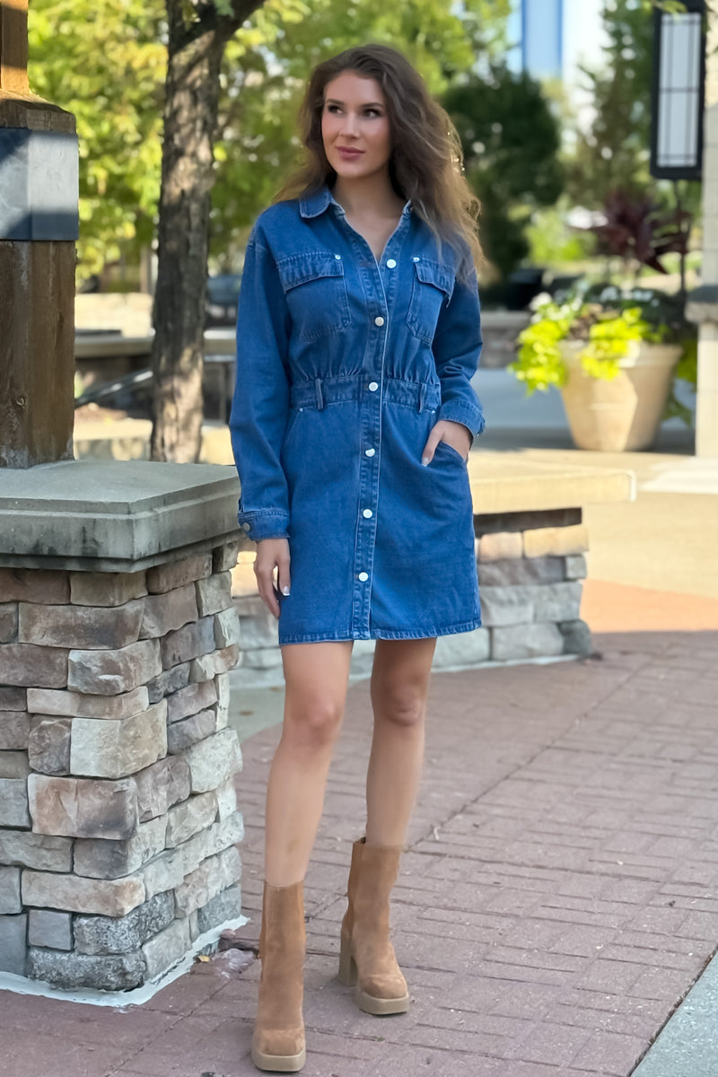 Saphira Denim Dress w/ Rivet Detail : Denim