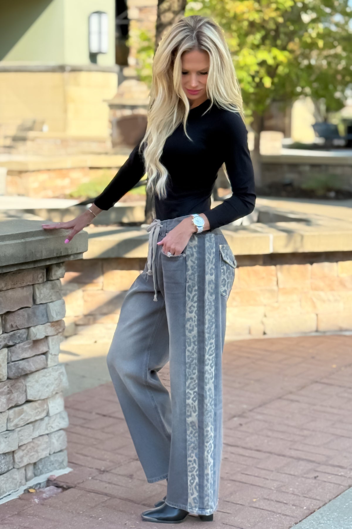 Trysta Mineral Washed Leopard Panel Pants : Dusty