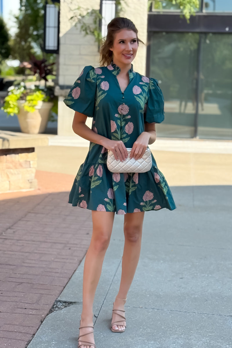 Zienna Floral Print Puff Sleeve Dress : H. Green
