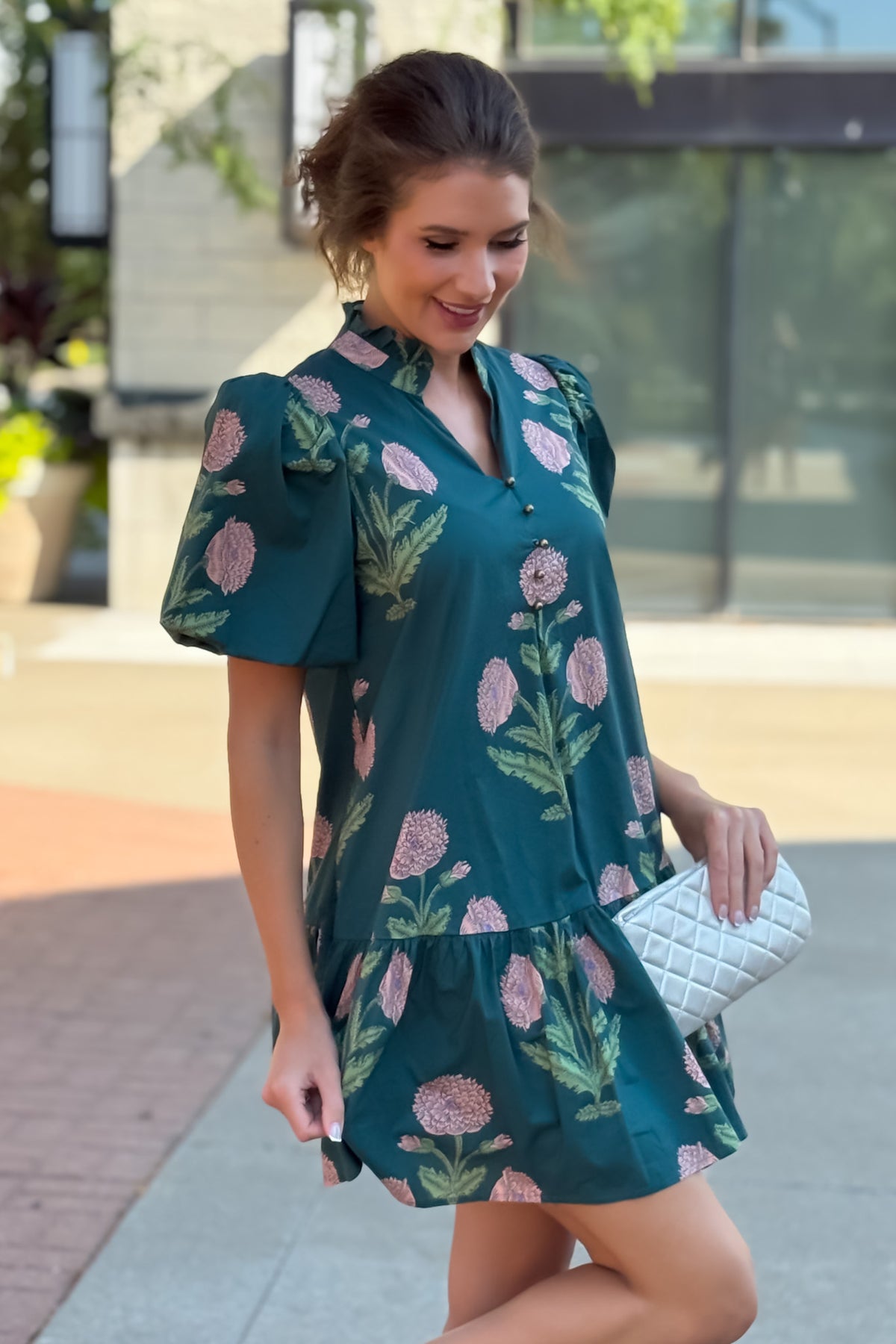 Zienna Floral Print Puff Sleeve Dress : H. Green