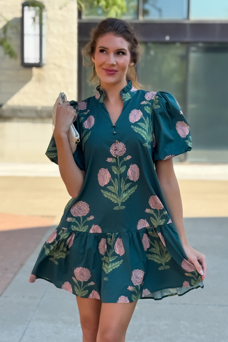 Zienna Floral Print Puff Sleeve Dress : H. Green
