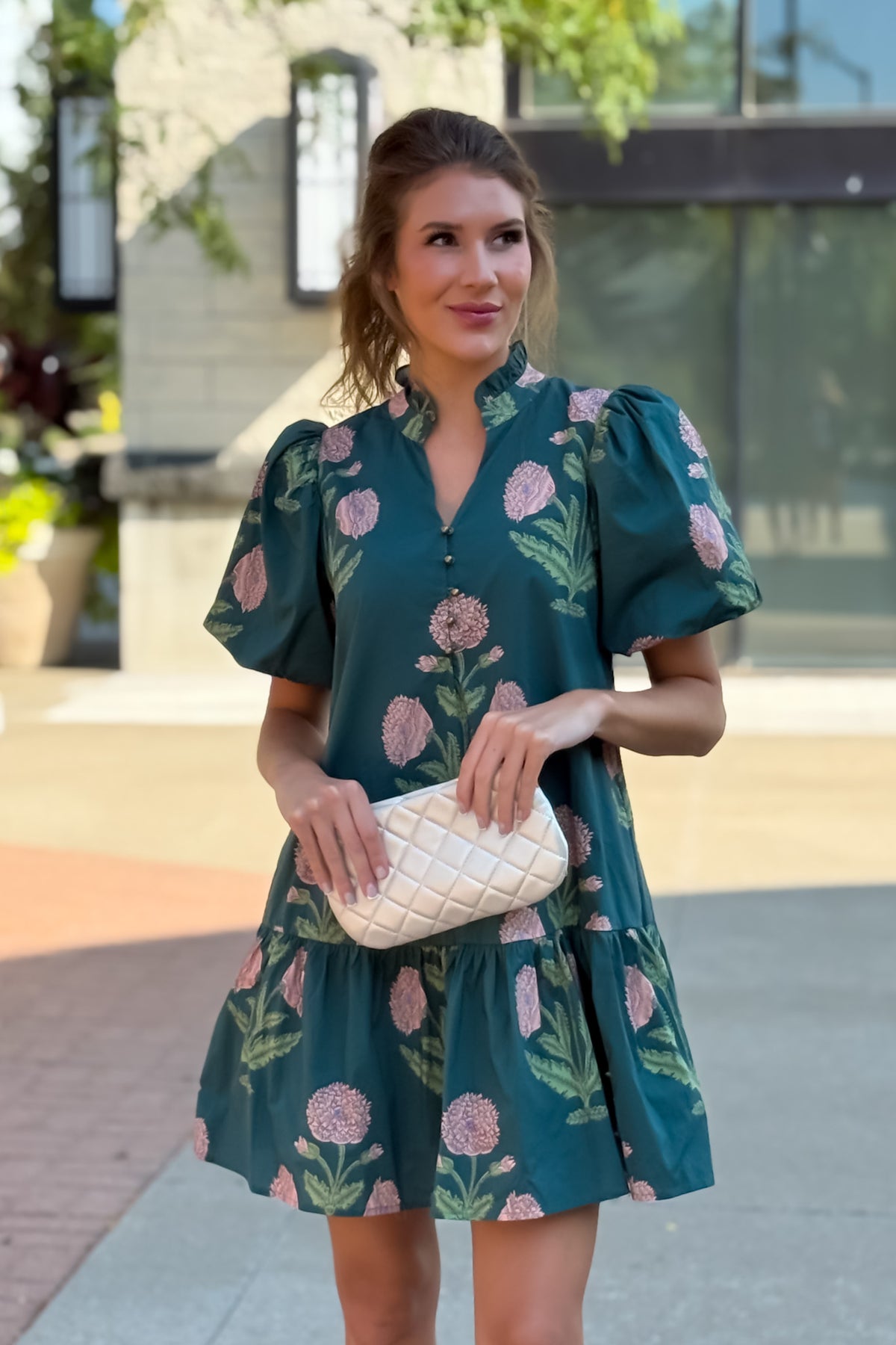Zienna Floral Print Puff Sleeve Dress : H. Green