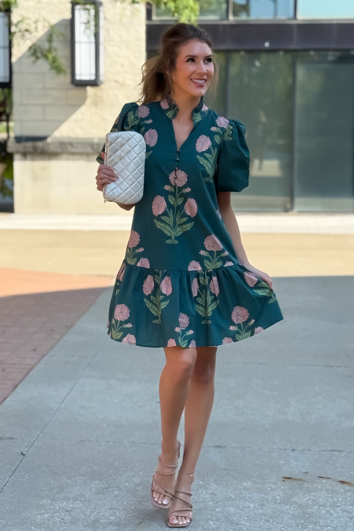 Zienna Floral Print Puff Sleeve Dress : H. Green