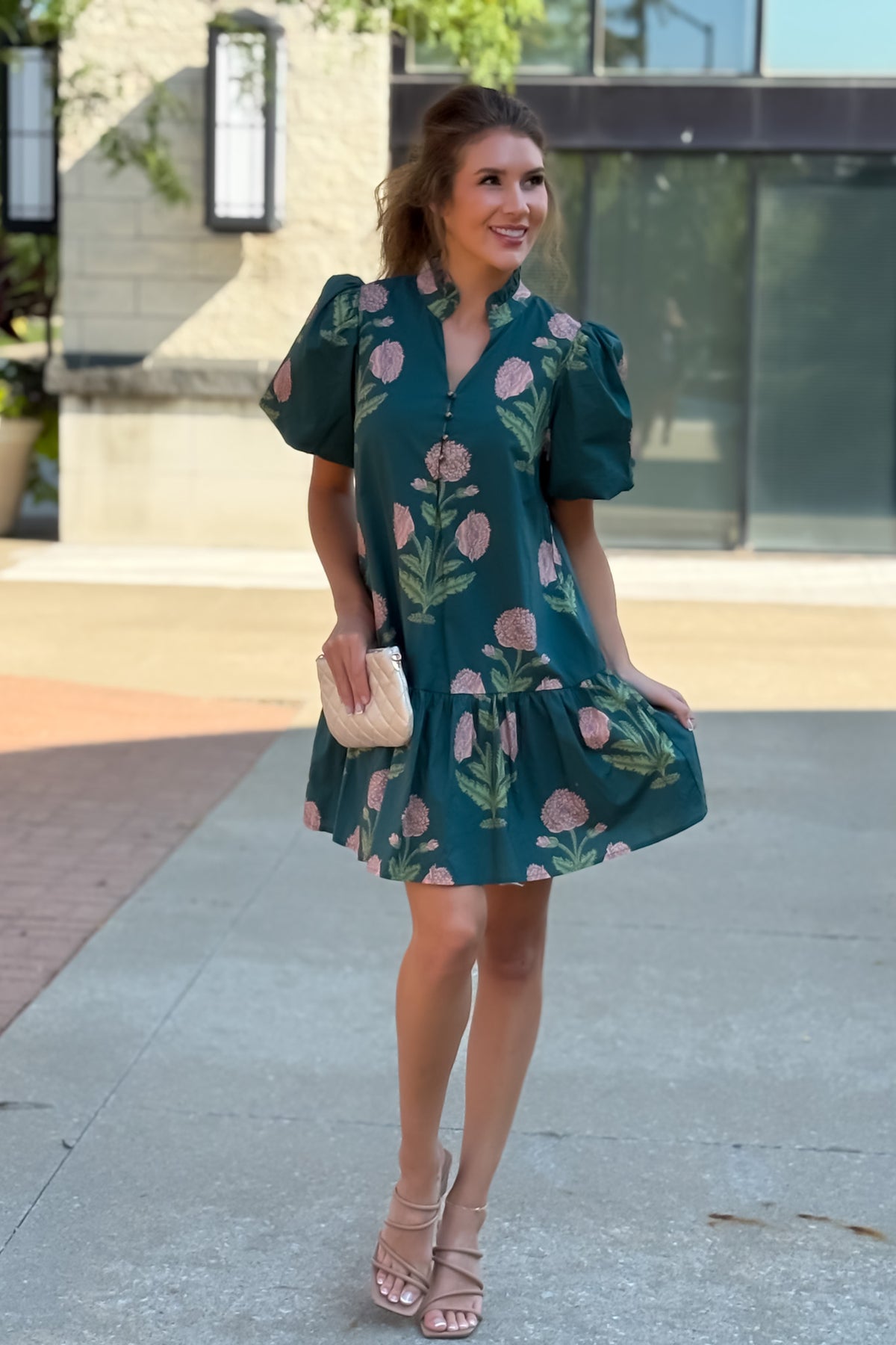 Zienna Floral Print Puff Sleeve Dress : H. Green