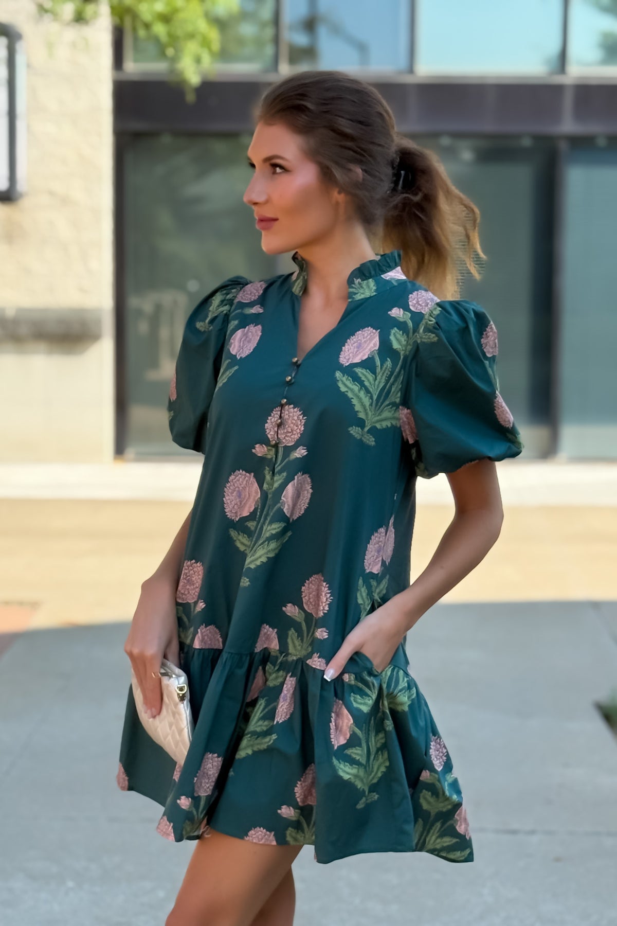 Zienna Floral Print Puff Sleeve Dress : H. Green