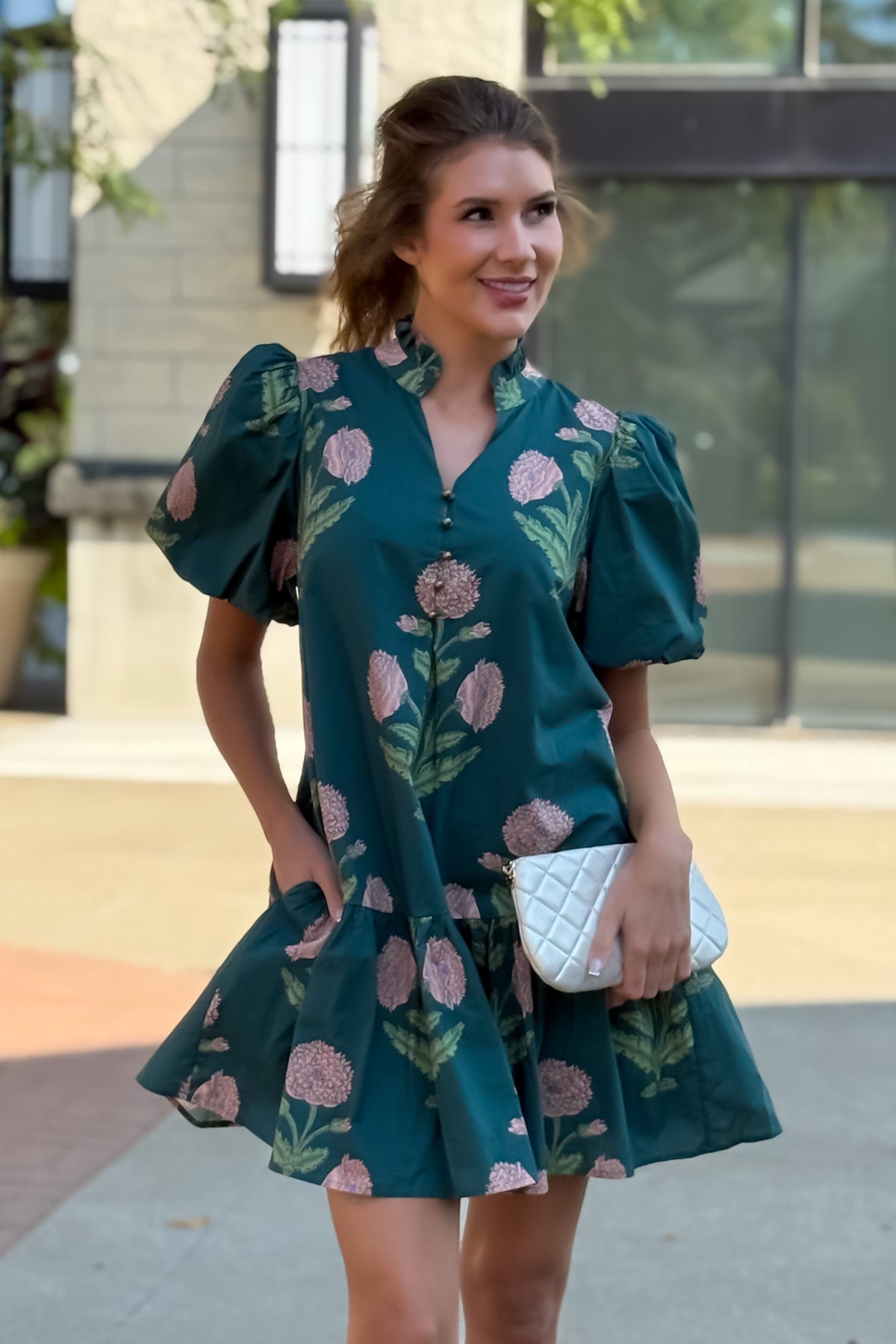 Zienna Floral Print Puff Sleeve Dress : H. Green