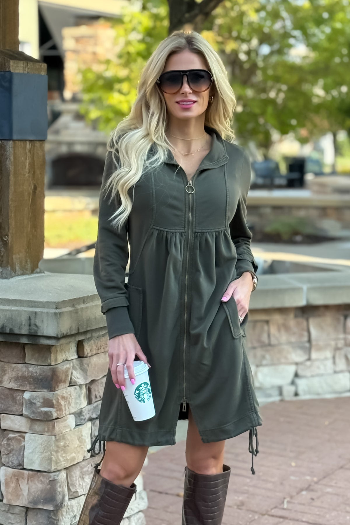 XCVI Benny Fleece Funnel Neck Dress or Longcoat : Deep Green