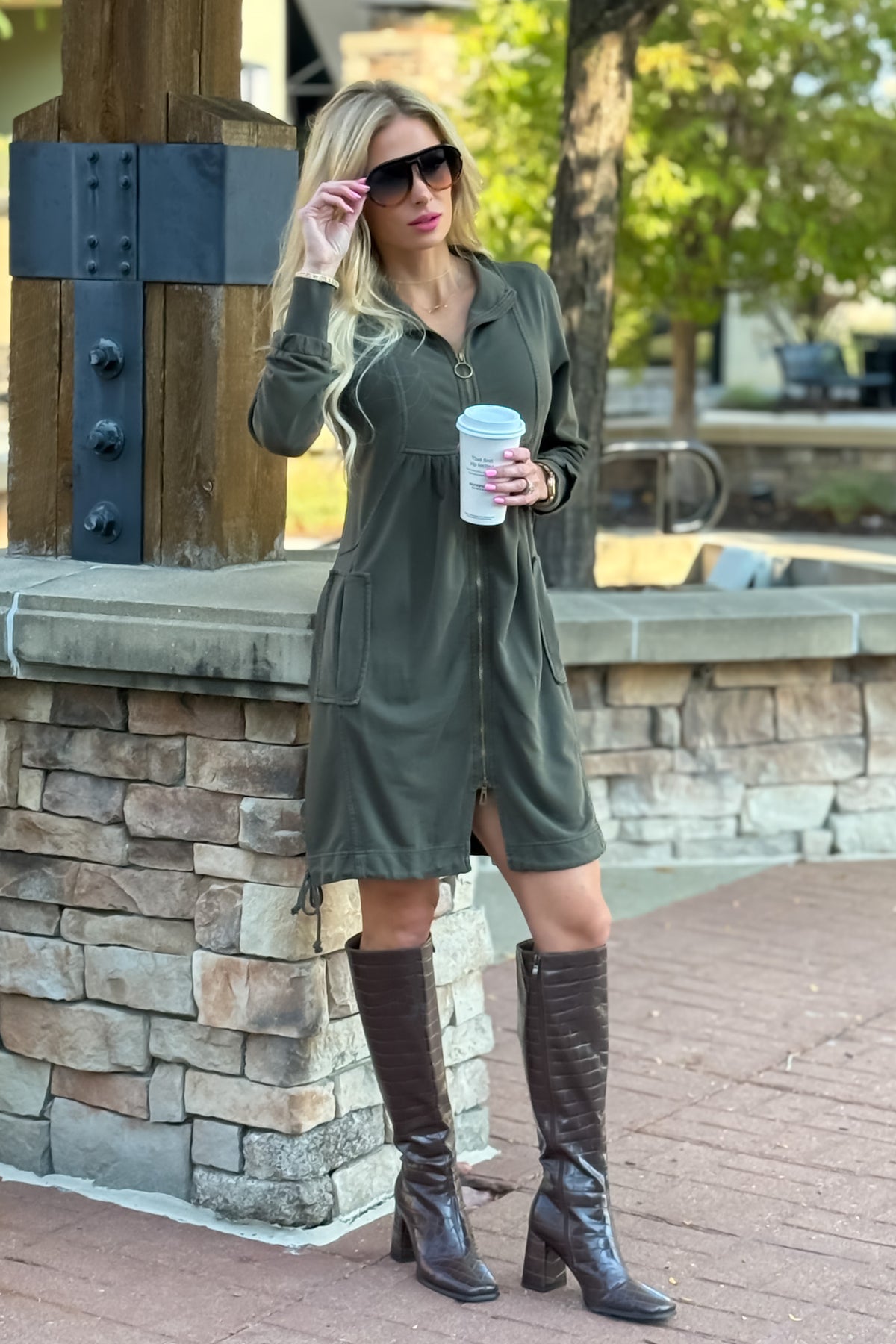 XCVI Benny Fleece Funnel Neck Dress or Longcoat : Deep Green