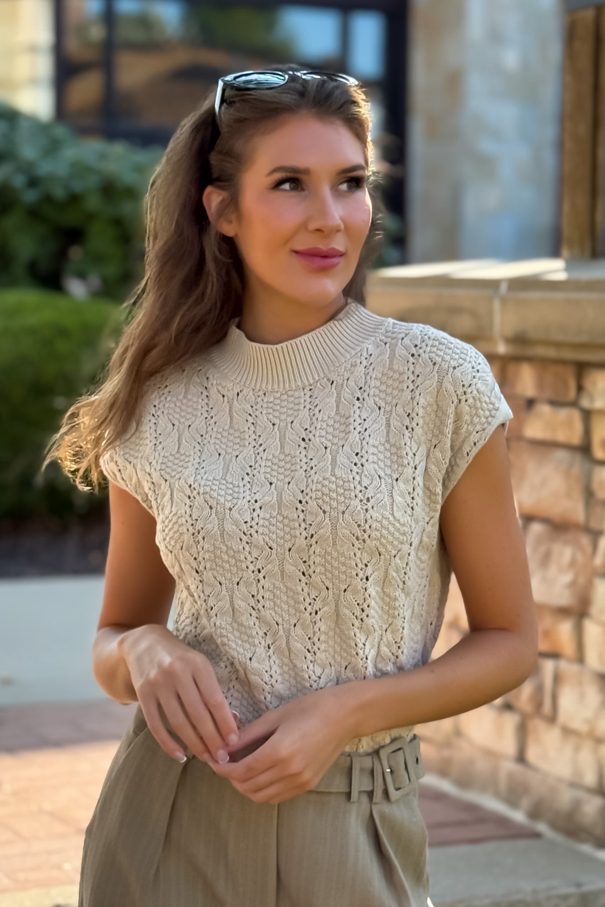 Skylah Cable Knit Mock Neck Sweater : Oatmeal
