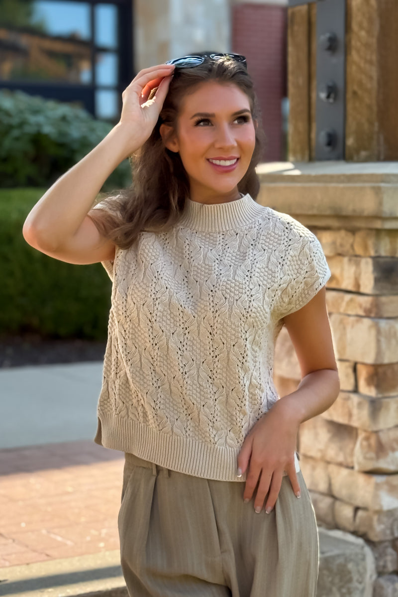 Skylah Cable Knit Mock Neck Sweater : Oatmeal