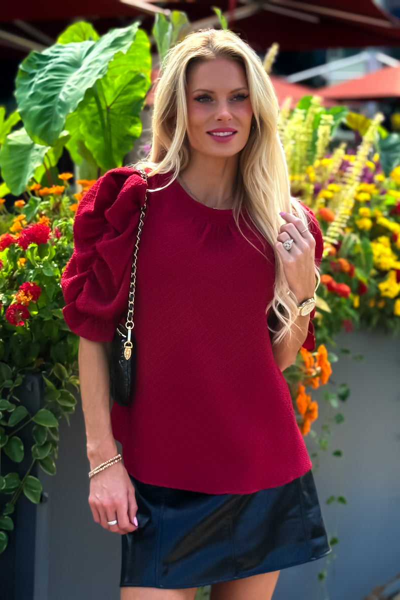 Minta Puff Sleeve Knit Top : Red