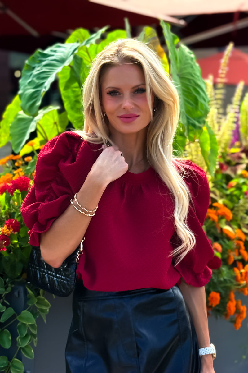 Minta Puff Sleeve Knit Top : Red