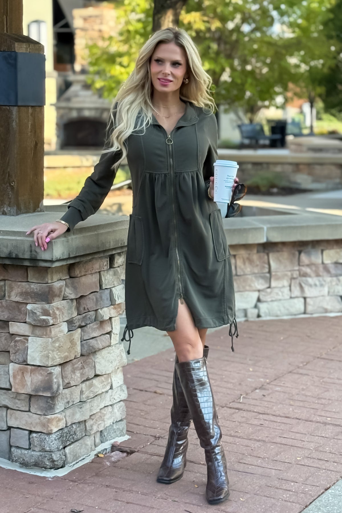 XCVI Benny Fleece Funnel Neck Dress or Longcoat : Deep Green