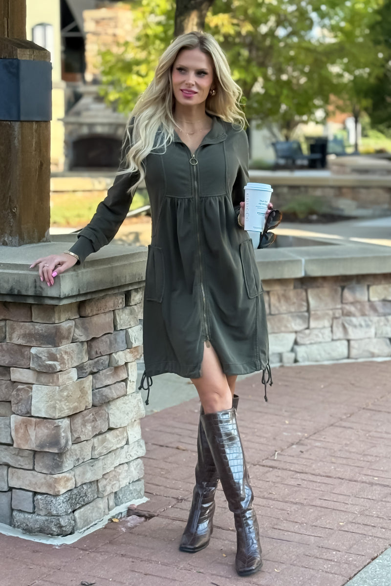 XCVI Benny Fleece Funnel Neck Dress or Longcoat : Deep Green