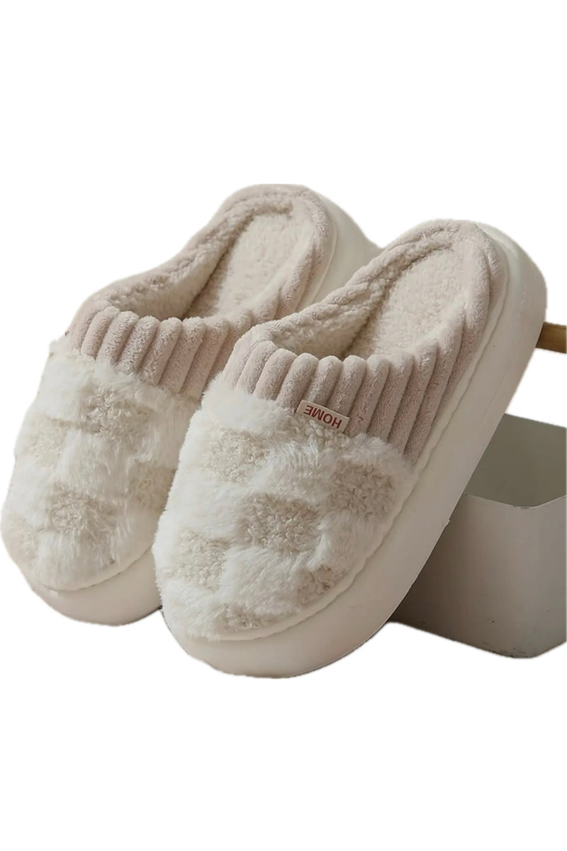 Checkered Fuzzy Warm Slippers : Grey or Cream