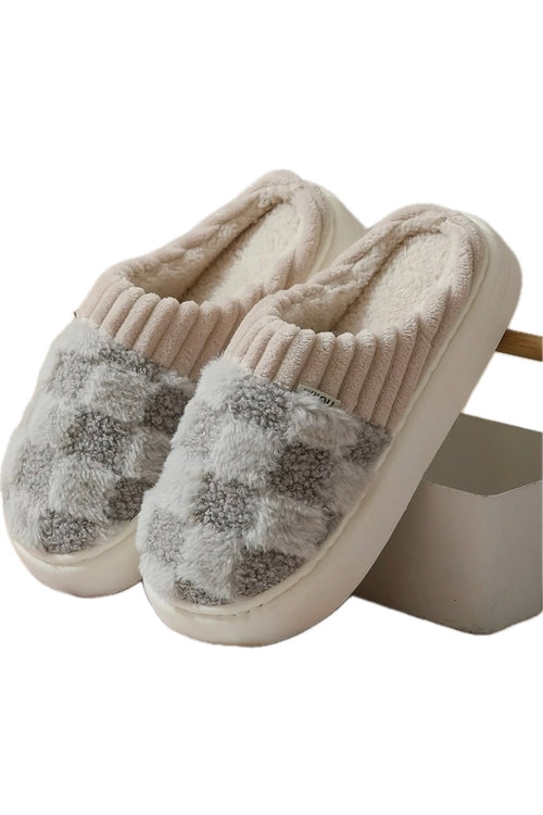 Checkered Fuzzy Warm Slippers : Grey or Cream