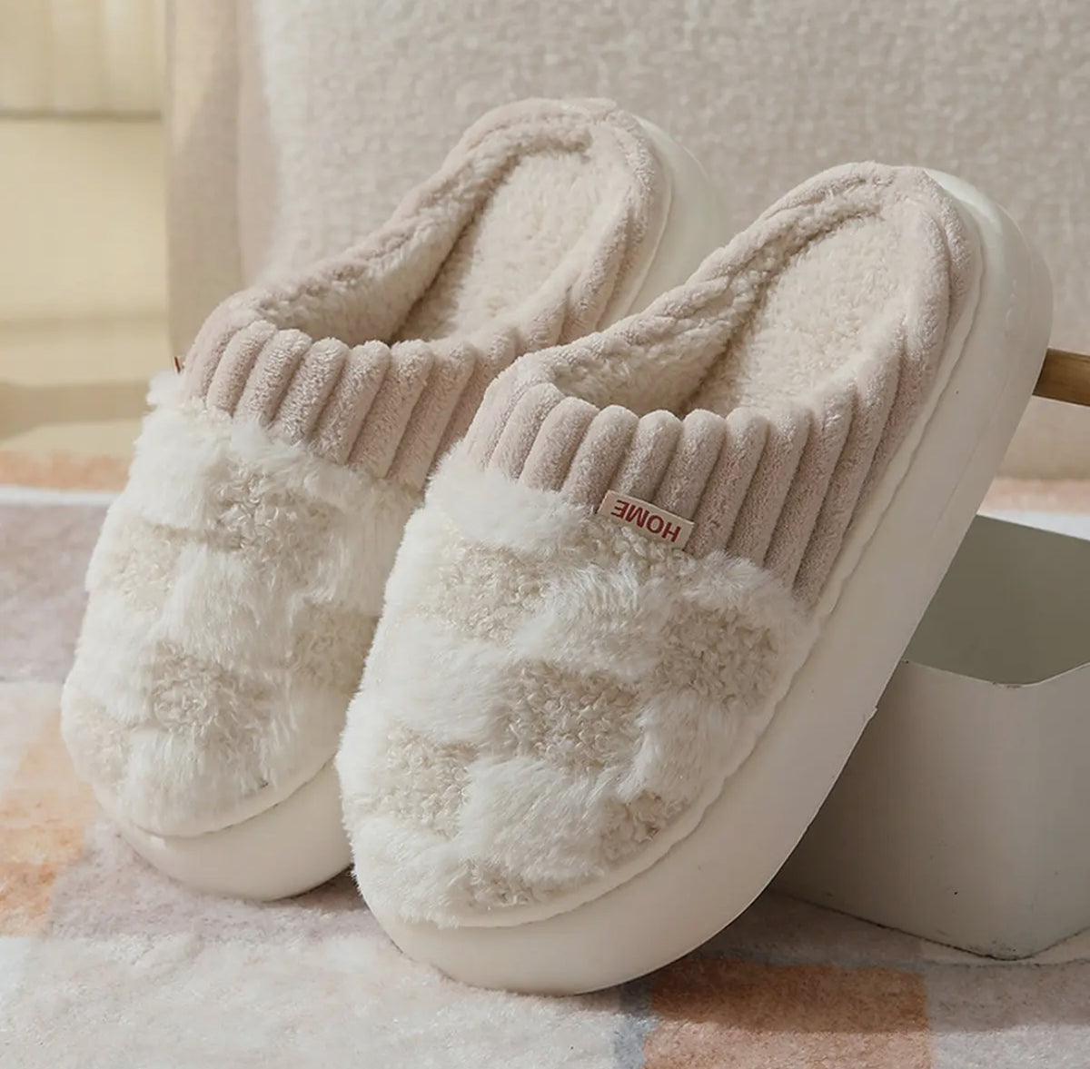Checkered Fuzzy Warm Slippers : Grey or Cream