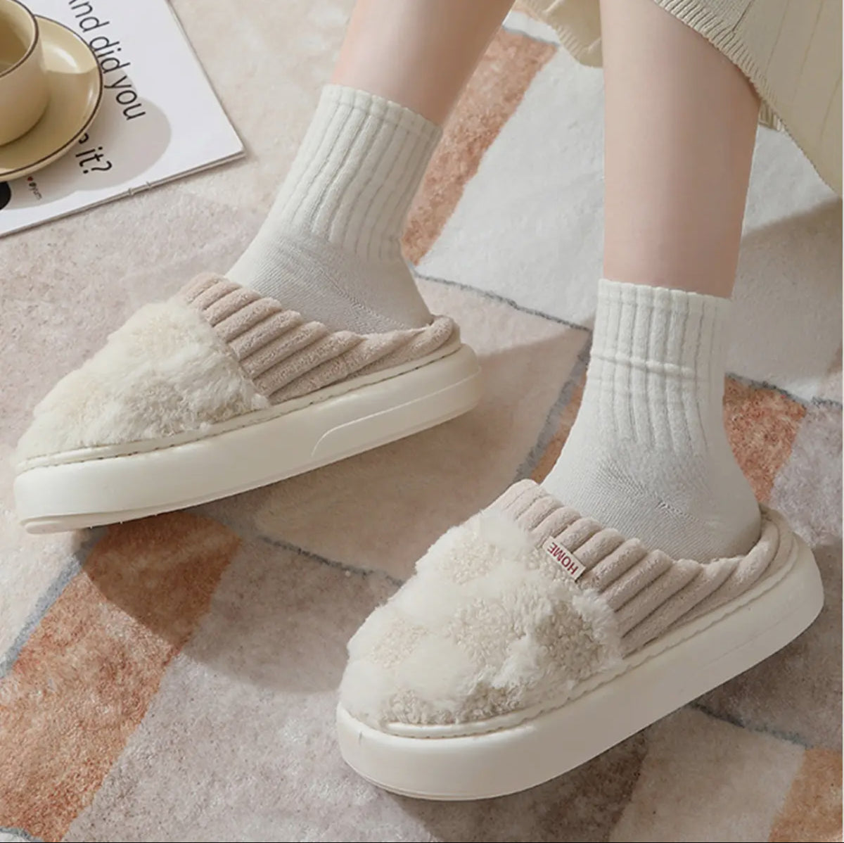 Checkered Fuzzy Warm Slippers : Grey or Cream