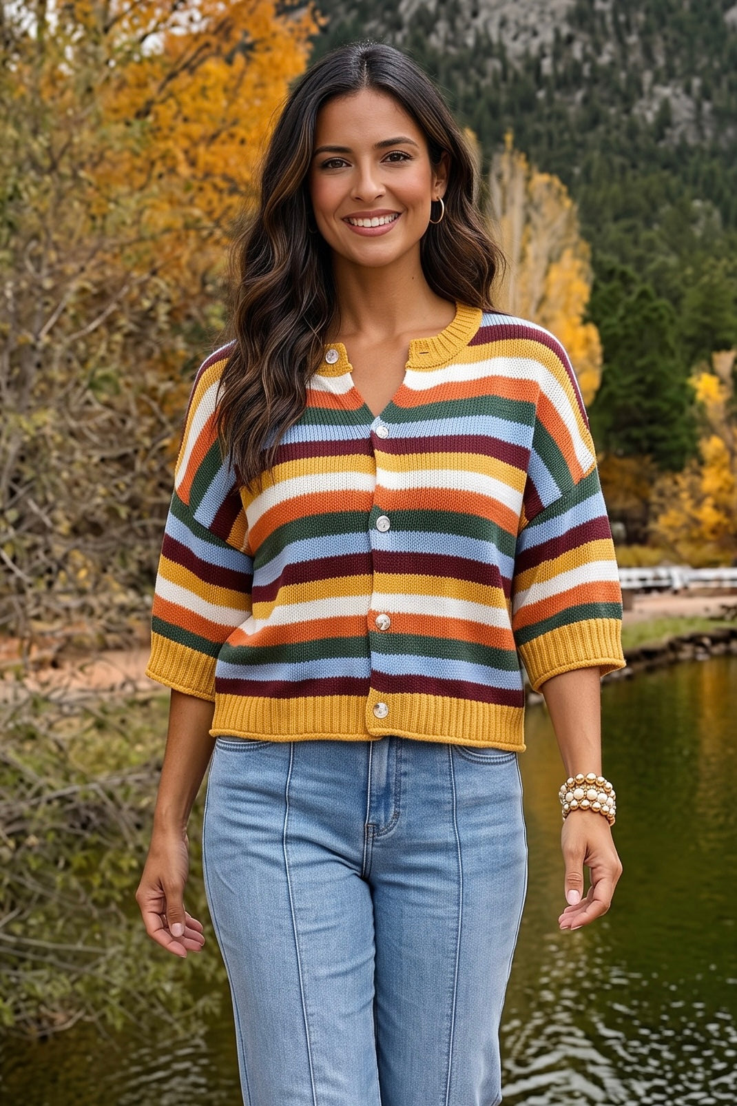 Dottie Multi Stripe Blend Sweater Cardigan : Mustard Multi