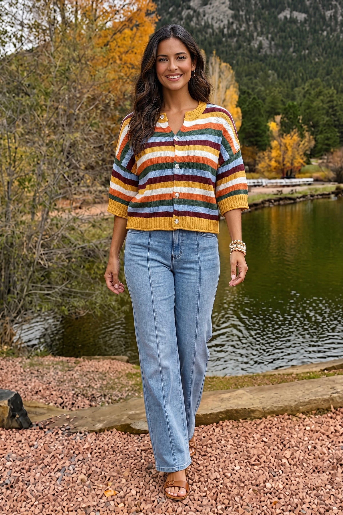 Dottie Multi Stripe Blend Sweater Cardigan : Mustard Multi