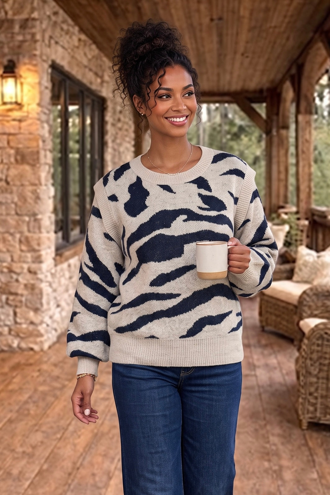 Charity Zebra Print Sweater : Grey/Navy