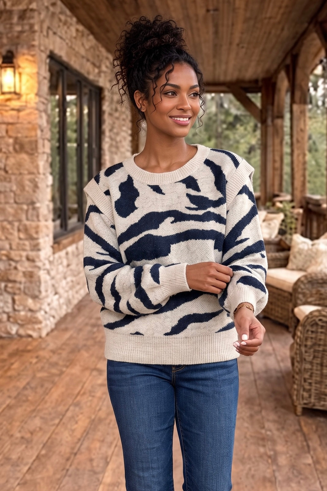 Charity Zebra Print Sweater : Grey/Navy