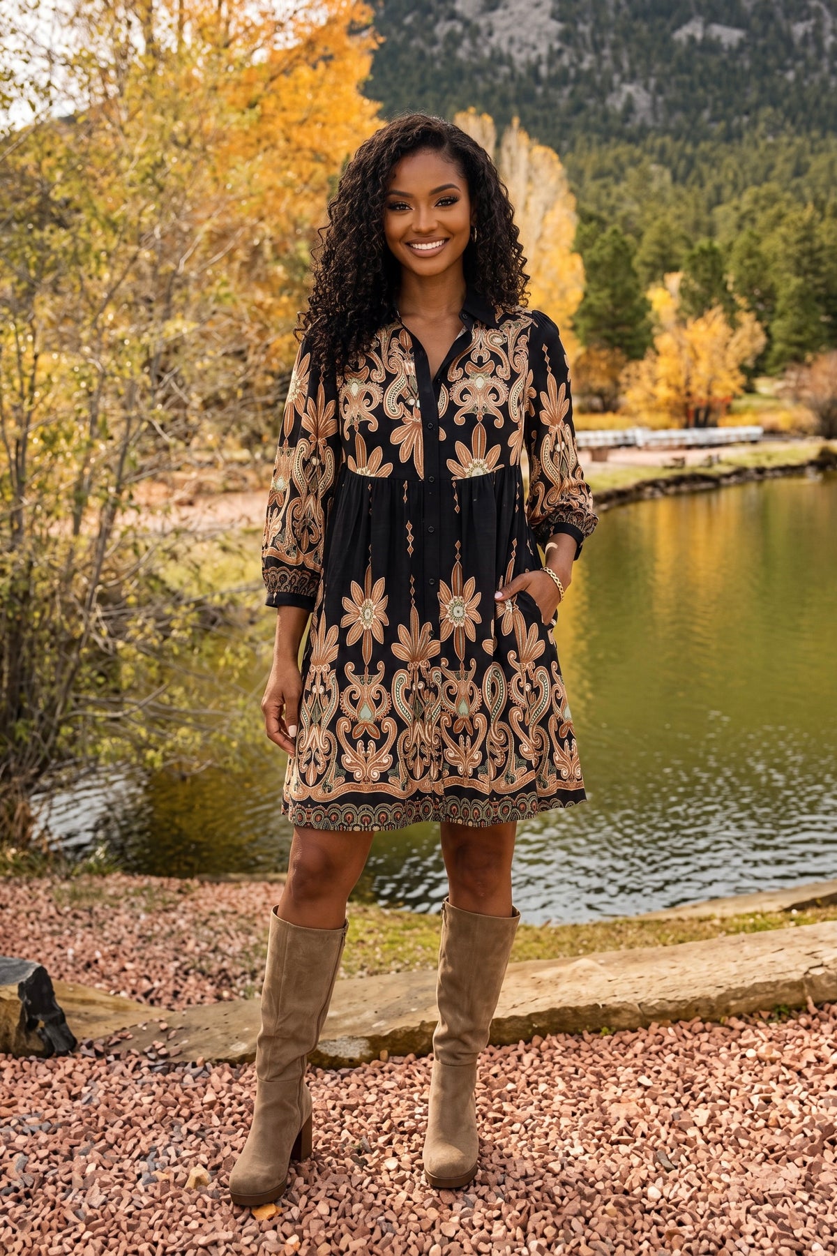 Baylin 3/4 Sleeve Printed Shirt Dress : Black Mix