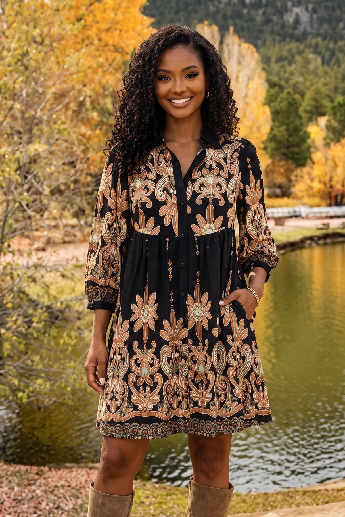 Baylin 3/4 Sleeve Printed Shirt Dress : Black Mix