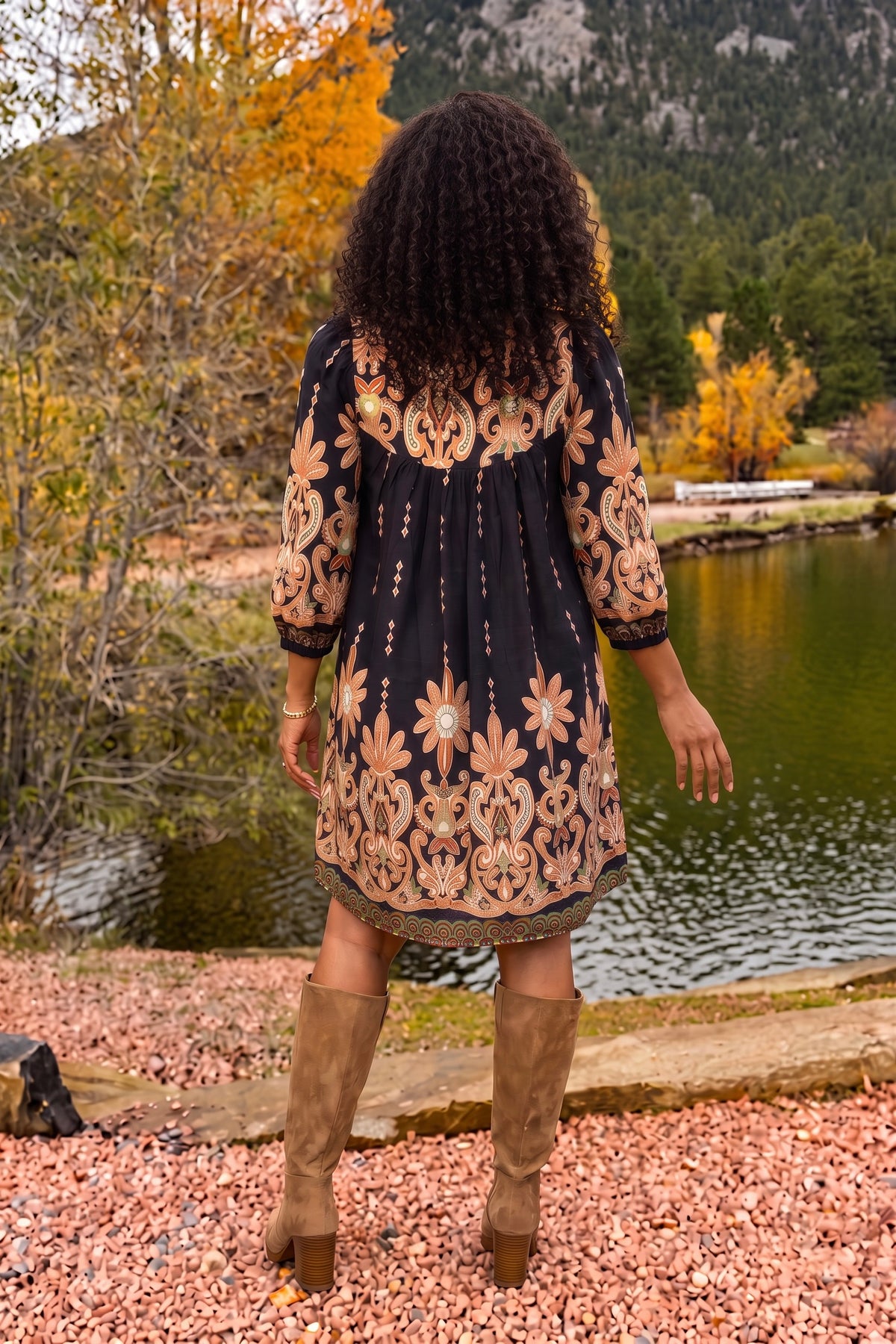 Baylin 3/4 Sleeve Printed Shirt Dress : Black Mix