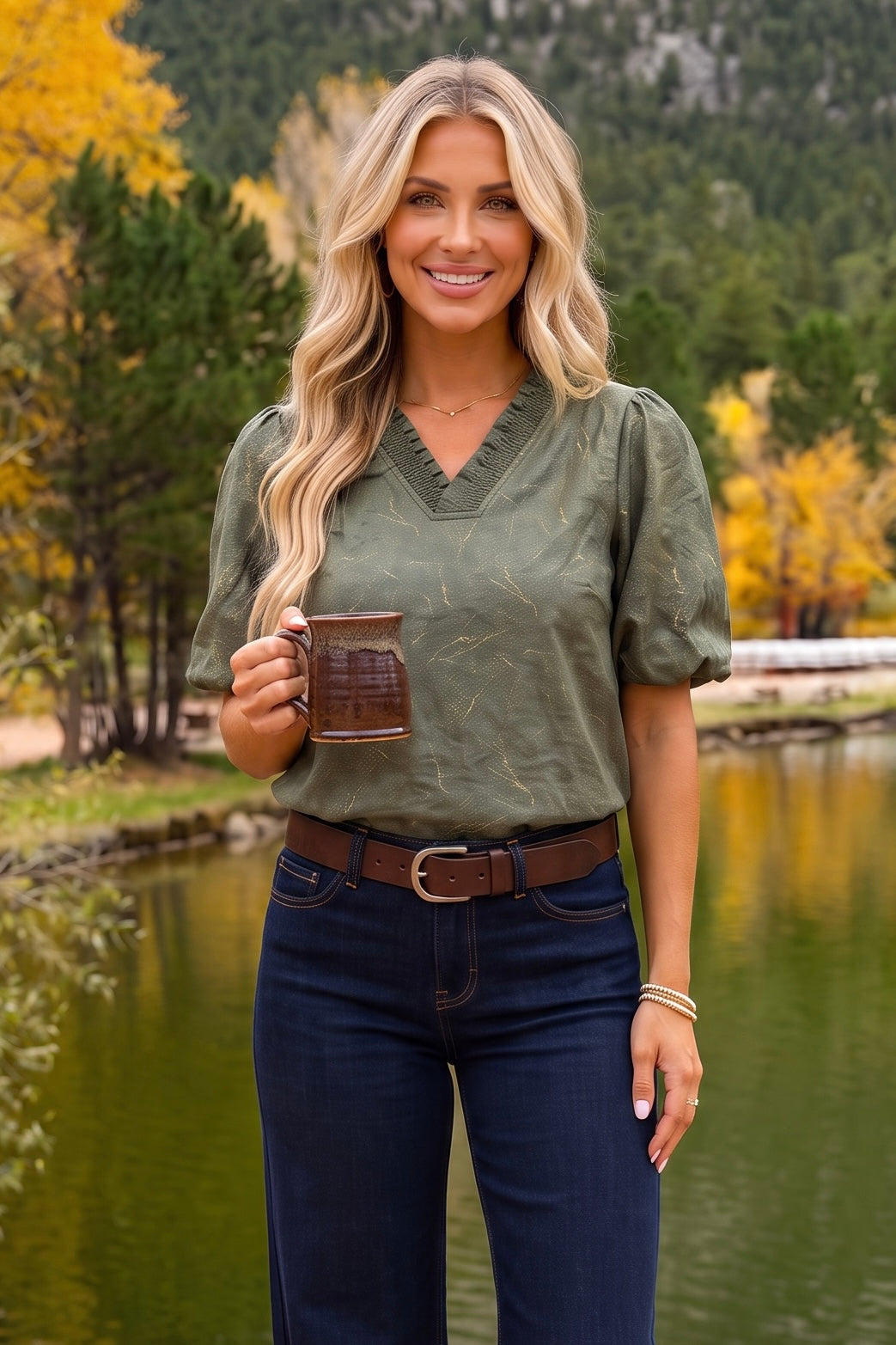 Jara Ruffle Faux Leather Top : Olive