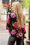 Blossoming Beauty Floral Smocked Ruffle Neck Top : Black/Multi